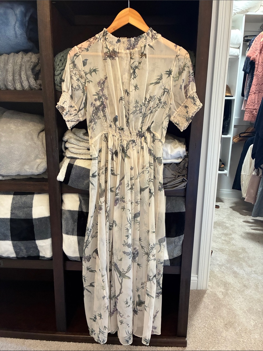 Silk Organza Floral Smocked Waist Cream Maxi Dress